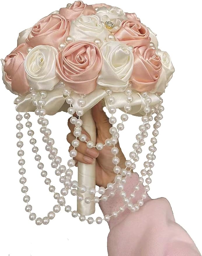 Pink Bridal Wedding Bouquet with Brooch Pearl String Cascade Bouquet for Bride Bridesmaid Quinceanera Satin Rose Flower Bouquet Wedding Pink and Ivory 6.3in