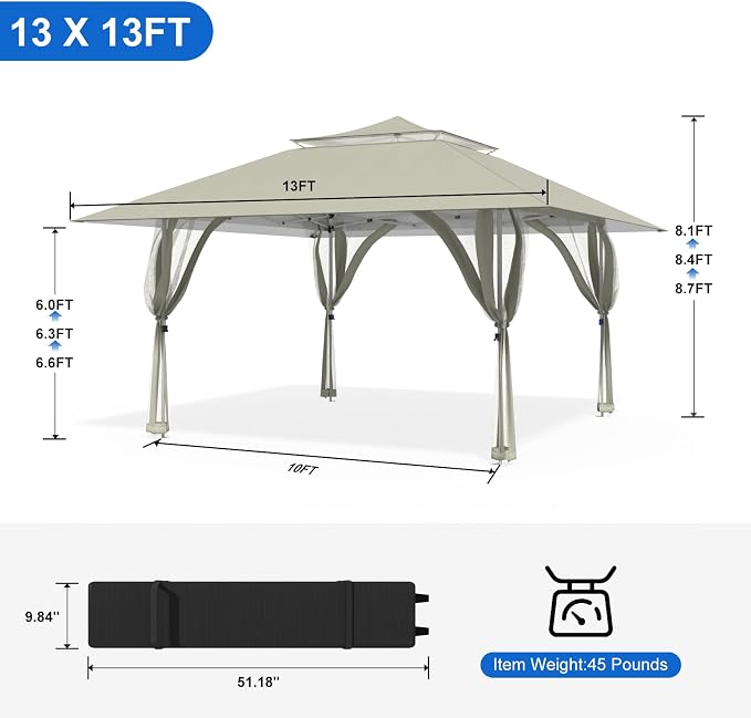 Pop Up Canopy Tent 13x13 FT with 4 Sidewall, Outdoor Easy Setup Gazebo with Wheeled Carry Bag, Heavy Duty Shelter with UV-Resistant Top, Portable Instant Shade for Garden Camping, Khaki