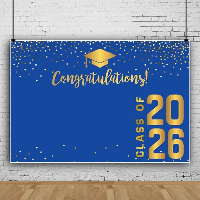 ChloropLastid 6x4ft Congrats Grad Backdrop Blue Gold Class of 2026 Glitter Dots Photography Background Bachelor Cap Graduation Backdrop Banner for Graduation Prom Party Photo Booth Props