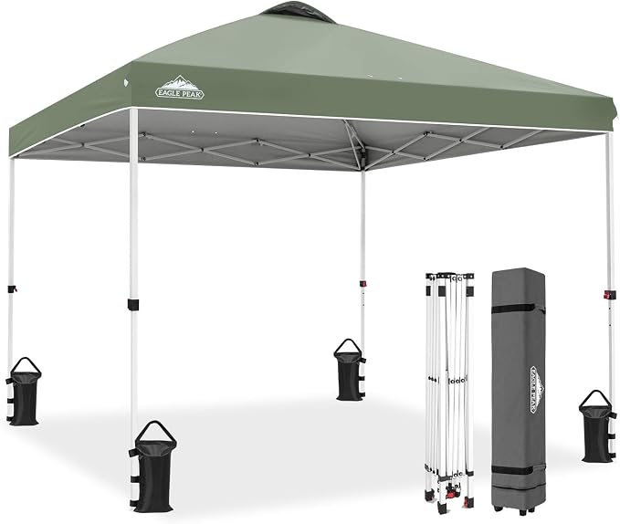 EAGLE PEAK Pop Up Canopy Tent with Wheeled Carry Bag, 8 Stakes, 4 Ropes, 4 Weight Bags, Easy Set Up Tent Canopy, 10x10 ft, 100sqft of Shade, Sage Green