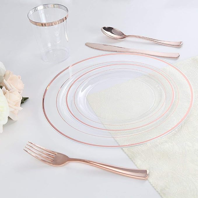 I00000 50 Pcs Rose Gold Plastic Plates, Disposable Party Set Include: 50 Clear Plastic Plates with Rose Gold Trim for dinner and dessert Perfect for Holidays, Wedding & Party Supplies