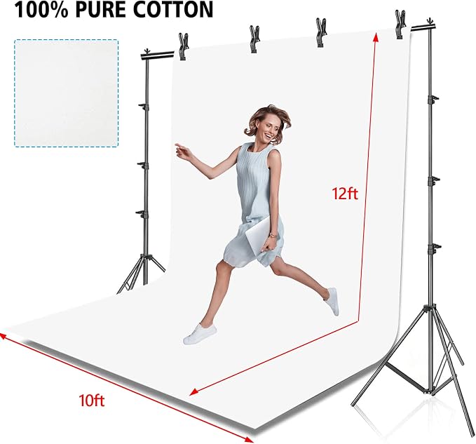 HYJ-INC Photo Background Support System with 10 x 10ft Backdrop Stand Kit,10 x12ft 100% White Cotton Muslin Backdrop,Clamp,Carry Bag for Photography Video Studio