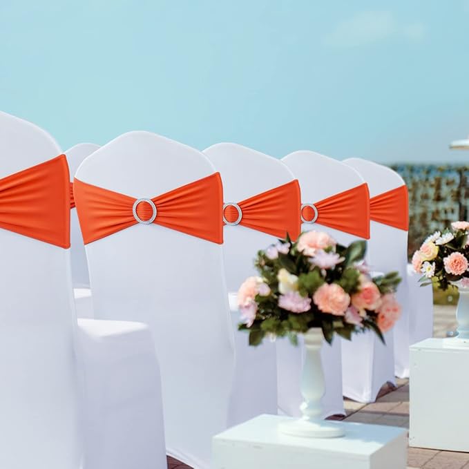 Babenest Spandex Chair Sashes Bows 50PCS Premium Stretch Chair Cover Band with Buckle Slider Universal Elastic Chair Ties for Wedding Party Ceremony Reception Banquet Decoration (Orange)