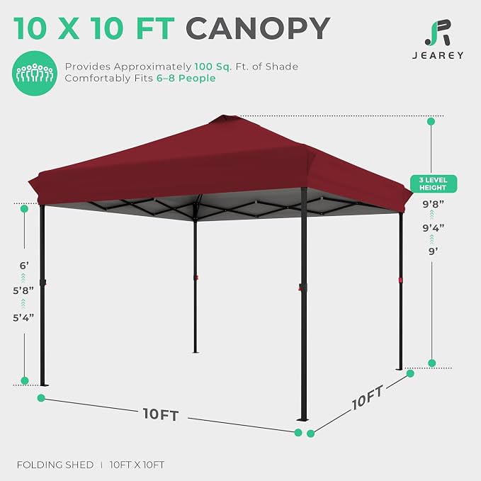 JEAREY 10x10 ft Pop Up Canopy Tent, Heavy Duty Outdoor Canopy with 1-Push Instant Setup, Commercial Tent with Roller Bag, 4 Sandbags and 8 Stakes, Water-Resistant, Red