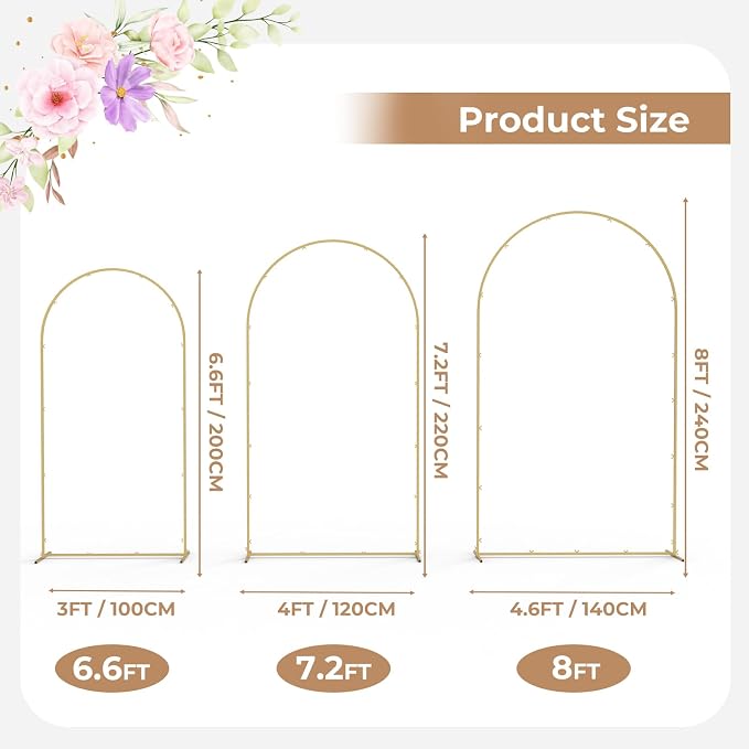 Babenest 6.6FT 7.2FT 8FT Gold Arch Backdrop Stand Set of 3 for Party | Metal Wedding Stand, Balloon Flower Frame for Ceremony Birthday Party Bridal Baby Shower Banquet Halloween Decoration