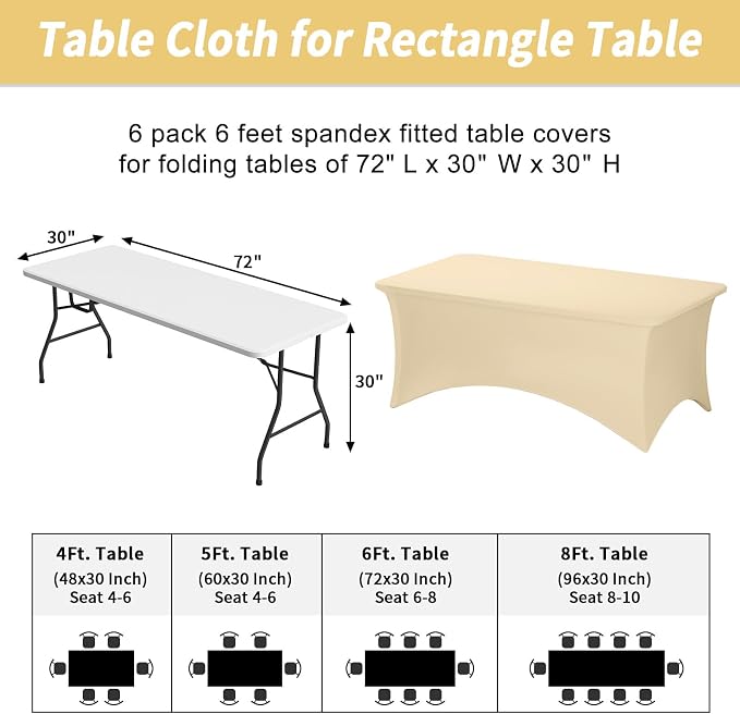 Fixwal 6 Pack 6Ft Champagne Table Cover, Spandex Fitted Tablecloths Rectangle, Wrinkle-Free and Stretch Folding Table Cloth for Banquet, Wedding, Party, Trade Show