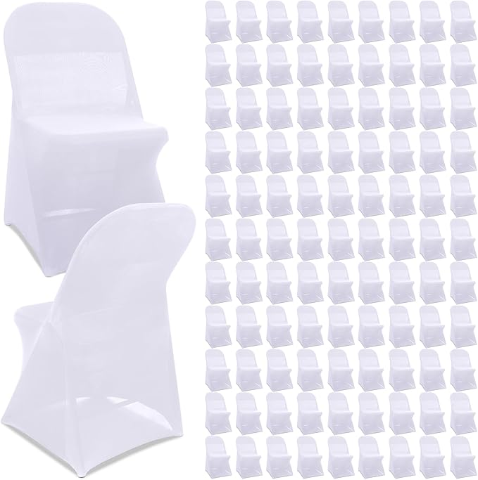 Newwiee 100 Pcs Spandex Chair Covers Bulk - Stretch Folding Flat Front Fitted Universal Chair Protector Pack Removable Washable for Wedding Party Dining Banquet Event (White)