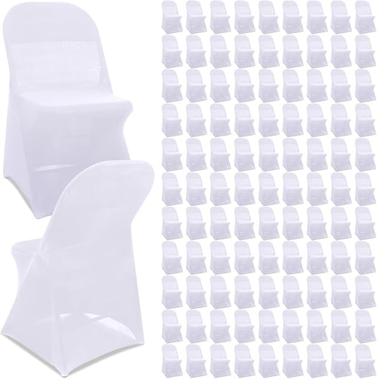Newwiee 100 Pcs Spandex Chair Covers Bulk - Stretch Folding Flat Front Fitted Universal Chair Protector Pack Removable Washable for Wedding Party Dining Banquet Event (White)