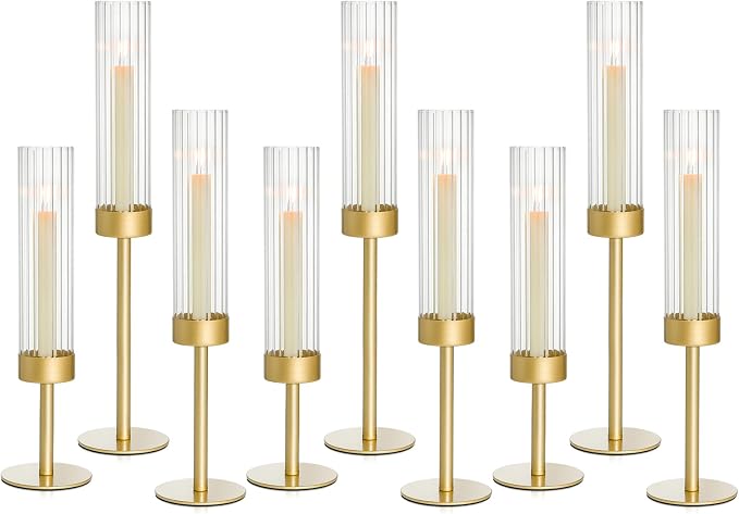 Gold Candle Holders Set of 9, Hurricane Brass Candlestick Holders for Taper Candles, Tall Candle Sticks Holder for Table Decor, Wedding, Party & Home Decorations