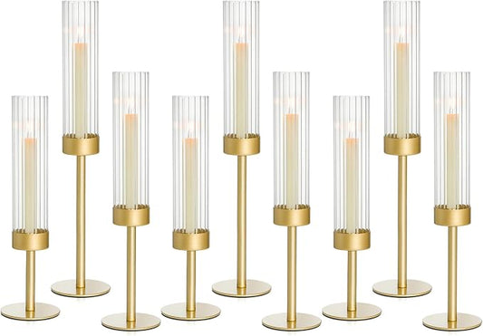 Gold Candle Holders Set of 9, Hurricane Brass Candlestick Holders for Taper Candles, Tall Candle Sticks Holder for Table Decor, Wedding, Party & Home Decorations