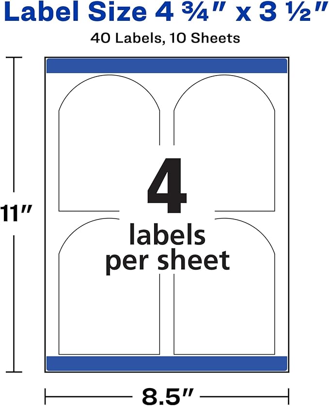 Avery Arched Wine Labels with Sure Feed for Laser Printers, 4.75" x 3.5", 40 White Labels (22826)