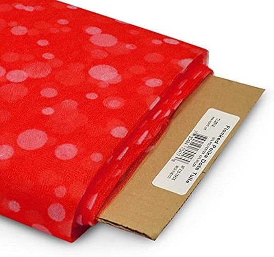 Expo International Premium Flocked Polka Dot Tulle, Bolt of 54” X 25 Yards, Polyester and Nylon Fabric for Wedding, Floral, or Party Decorations, Easy-to-Use, Red, Pack of 1
