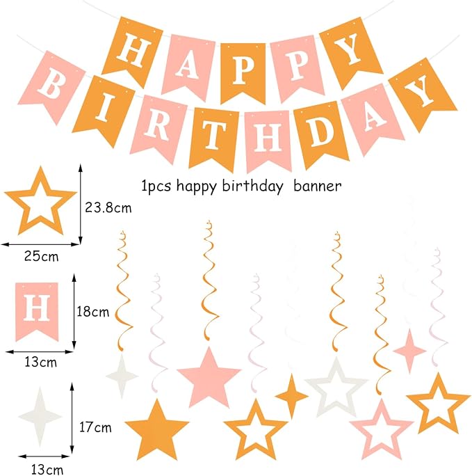 Orange Beige-Peach Fall-Boho Birthday Party-Decorations - 19pcs Neutral Women Girls Streamers Banner,Paper Star Garland Lanterns Honeycomb Fan,Tissue Pom Poms,Wall Ceiling Backdrop Supplies Ouruola