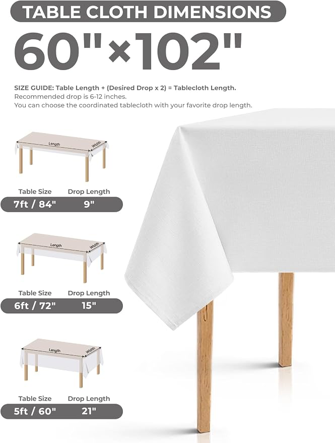Decorelia White Faux Linen Table Cloths for 6 Ft Rectangle Tables-6 Pack, Washable Polyester Rustic Fabric Faux Linen Table Cloth Cover for Wedding,Outdoor,Events, Party,Banquet, Dining, 60x102 Inch