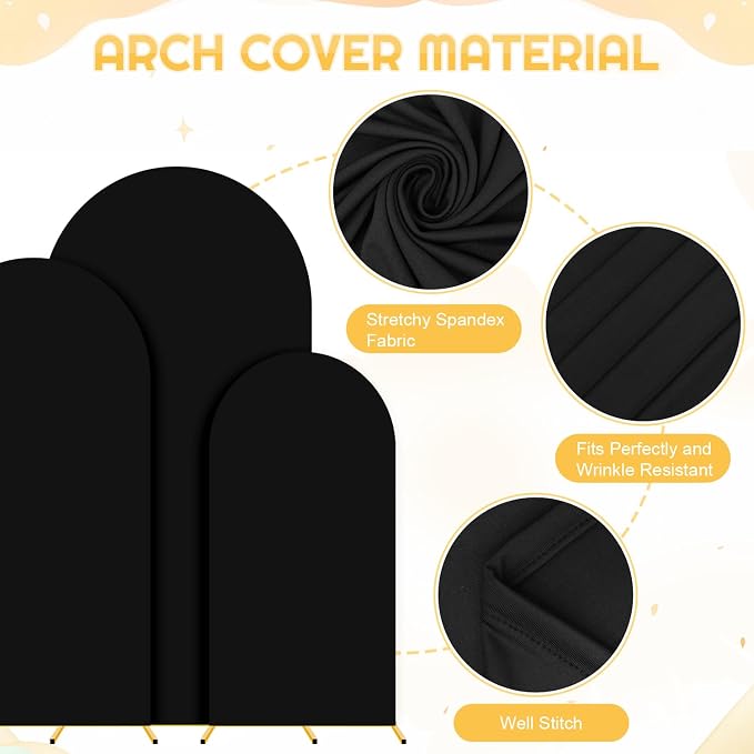 FUHSY Metal Arch Backdrop Stand and Cover Set 6FT, 6.6FT, 7.2FT Black Arch Cover Set of 3 Wedding Backdrop Arch Stands Chiara Arched Frame with Covers for Birthday Party Baby Shower Decor