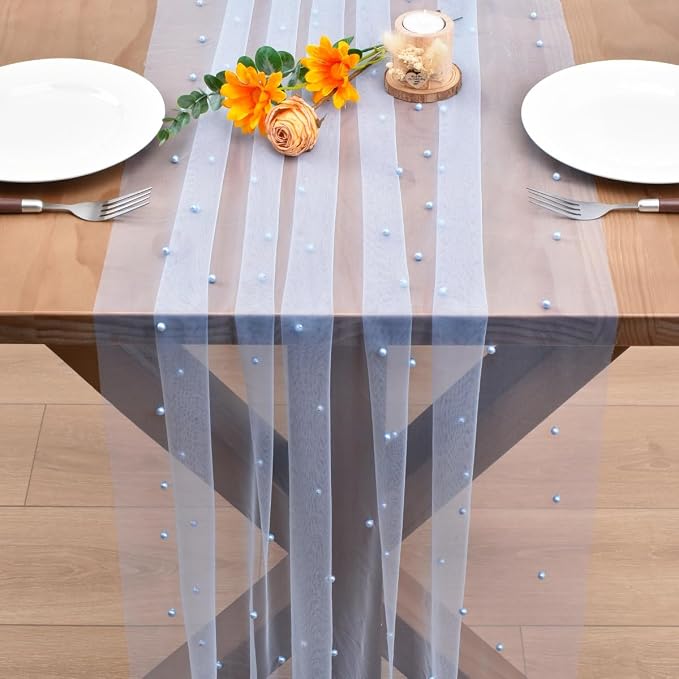 Blue Pearl Table Runner Boho Rustic Tulle Lace Dining Baby Shower Wedding Arch Decor Veil Dessert Holiday Centerpiece Table Decor