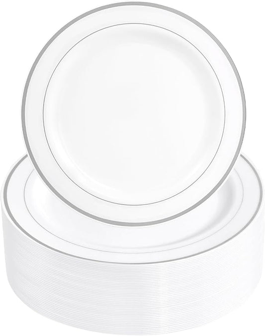 WELLIFE 144 Pieces Silver Plastic Dessert Plates, 7.5 inch Disposable Salad Plates, Premium White Appetizer Plates with Silver Rim, Ideal for Party, Wedding