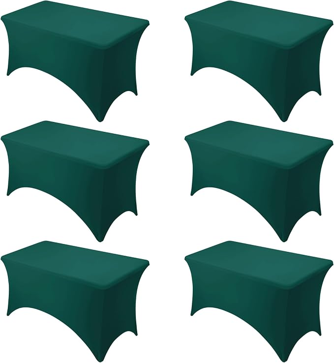 6-Pack Premium Hunter Green Spandex Tablecloths for 4ft Rectangle Tables, Stain & Wrinkle-Resistant, Washable Stretch Polyester Fitted Table Cover for Weddings, Banquets, Trade Shows Events