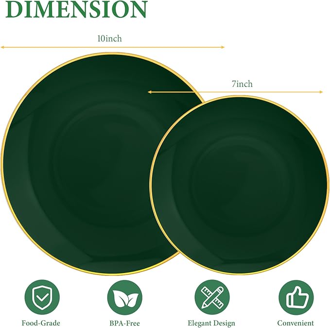 Lullaby 100PCS Green and Gold Plastic Plates, Disposable Green Plastic Plate with Gold Rim, 50PCS Dessert Plates 7" and 50PCS Dinner Plates 10", Perfect for Party Wedding and Daily Use