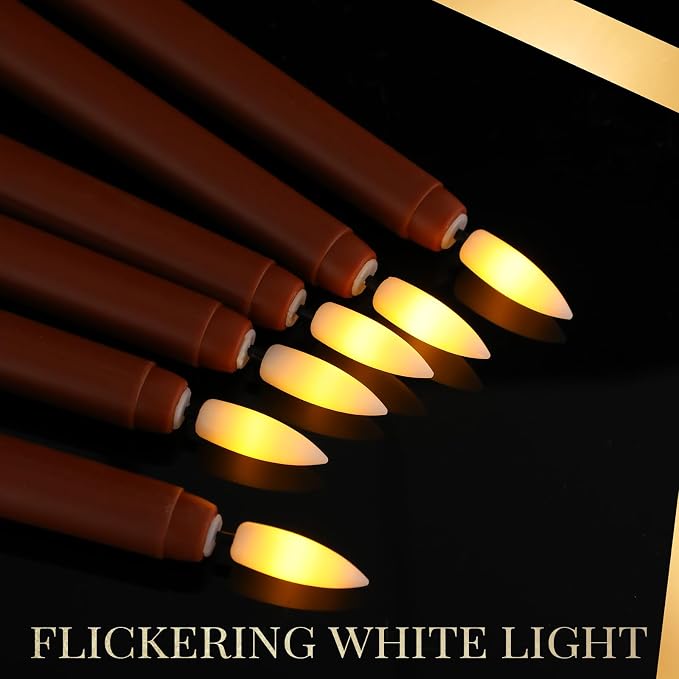 Macarrie 24 Packs Flameless Taper Candles Battery Operated Fake 11 Inch Long Candlelight LED Flameless Candlesticks Flickering Tapered for Summer Fall Wedding(Brown)