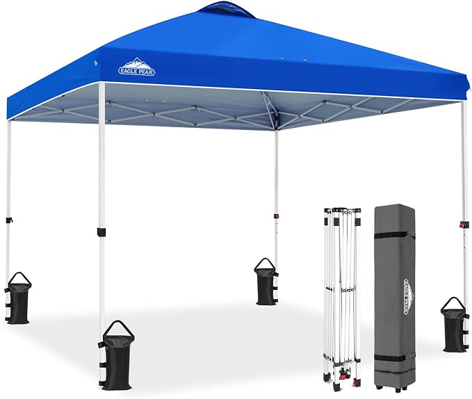 EAGLE PEAK Pop Up Canopy Tent with Wheeled Carry Bag, 8 Stakes, 4 Ropes, 4 Weight Bags, Easy Set Up Tent Canopy, 10x10 ft, 100sqft of Shade, Blue
