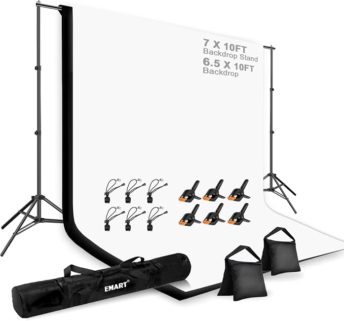 EMART 7 x 10 ft Backdrop Support System, Professional Photography Lighting Kit, 6.5 * 10ft Black/White Backdrop, Photography Backgrounds System for Studio, Portrait and Video Shooting