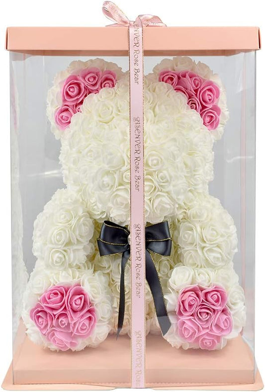 Hand Made Rose Bear Artificial Flower Gift for Mather's Day Birthday Valentine's Day with a 15" Pink Gift Box (White-Pink Foot)