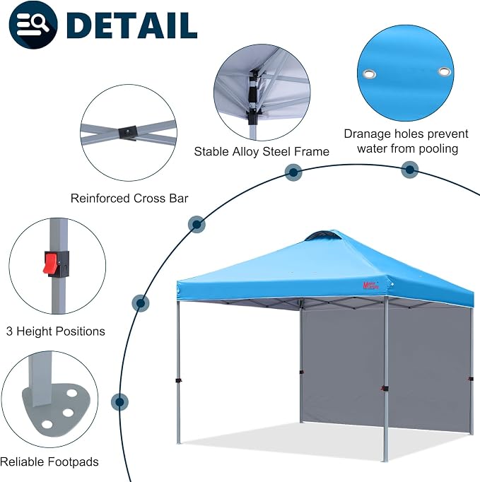 MASTERCANOPY 10x10 Pop Up Canopy Tent with 1 Sidewall, 1 Person Setup Instant Shelter, Outdoor Portable Beach Canopy, 1 Roller Bag, 4 Sandbags, 4 Ropes, 8 Stakes (10x10, Sky Blue)