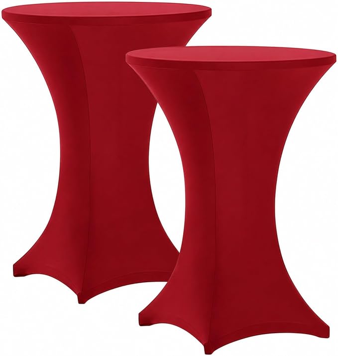 Cocktail Table Covers - 2 Pack 32x43 Inch Table Cloth - Red Fitted Stretch Spandex Round High Top Tablecloth for Party, Bar, Birthday, Pub, Banquet