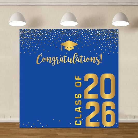 ChloropLastid 12x12ft Blue Gold Congrats Grad Backdrop Class of 2026 Glitter Photography Background Minimalist Circular Dots Graduation Backdrop for Graduation Prom Send Off Party Photo Booth Decor