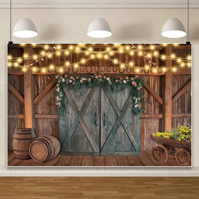 Leowefowa Western Wedding Backdrop 15x10ft Rustic Floral Barn Door Light Strings Barrels Photography Background Bridal Shower Photo Booth Props Cowboy Western Themed Party Decorations Banner Vinyl