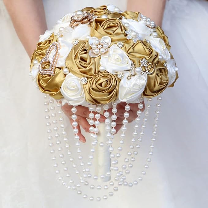 Ivory and Gold Bridal Wedding Bouquet with Rhinestone Brooch Pearl String Cascade Bouquet for Bride Bridesmaid Quinceanera Satin Rose Flower Bouquet Wedding Ivory and Gold 6.3in