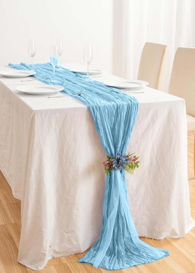 20 Pack Light Blue Cheesecloth Table Runner 17x108 Inch Boho Wrinkled Sheer Gauze Cheese Cloth Table Runner Bulk Decor for Wedding, Bridal Shower, Birthday Party