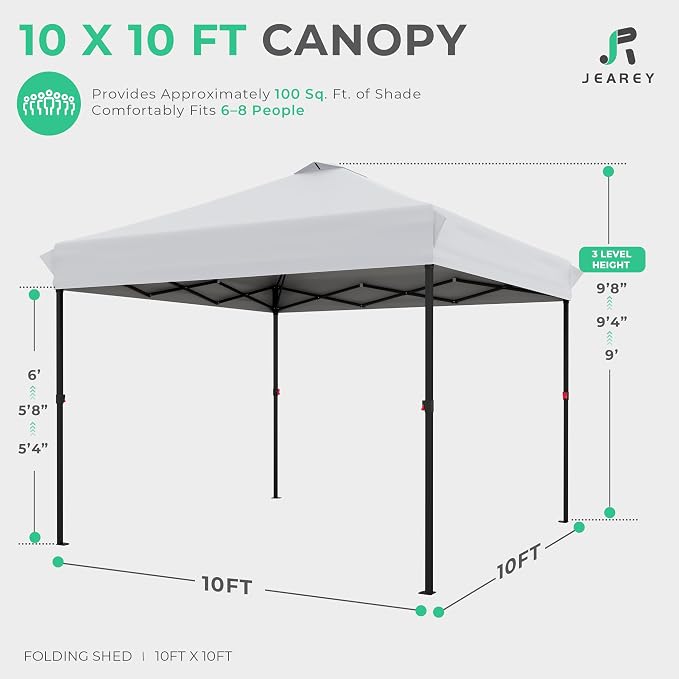 JEAREY 10x10 ft Pop Up Canopy Tent, Heavy Duty Outdoor Canopy with 1-Push Instant Setup, Commercial Tent with Roller Bag, 4 Sandbags and 8 Stakes, Water-Resistant, Off-White