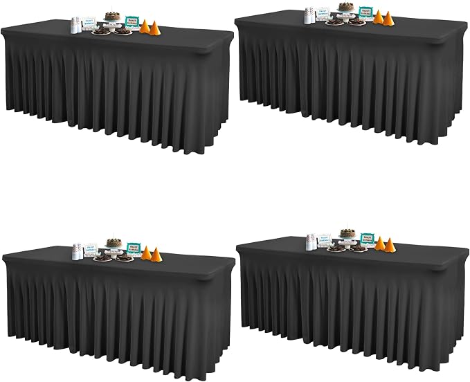 4 Packs Black Table Clothes for 8 Foot Rectangle Tables, Wrinkle Resistant Stretch Spandex Table Covers Fitted Tablecloth with Skirt for Event Banquet Wedding Birthday Party