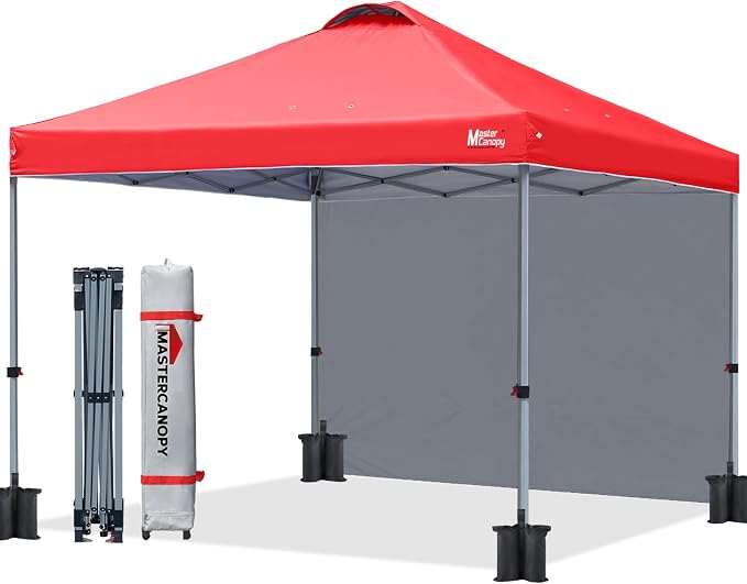 MASTERCANOPY 10x10 Pop Up Canopy Tent with 1 Sidewall, 1 Person Setup Instant Shelter, Outdoor Portable Beach Canopy, 1 Roller Bag, 4 Sandbags, 4 Ropes, 8 Stakes (10x10, Red)