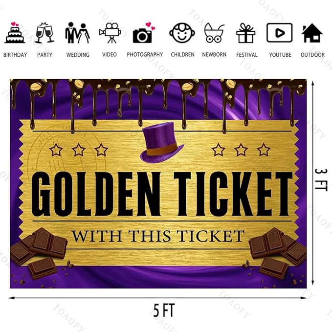 5x3FT Chocolate Factory Backdrop Golden Ticket Backdrop Candy Background Children Birthday Party Decorations Photo Booth Props TAYBDJ800