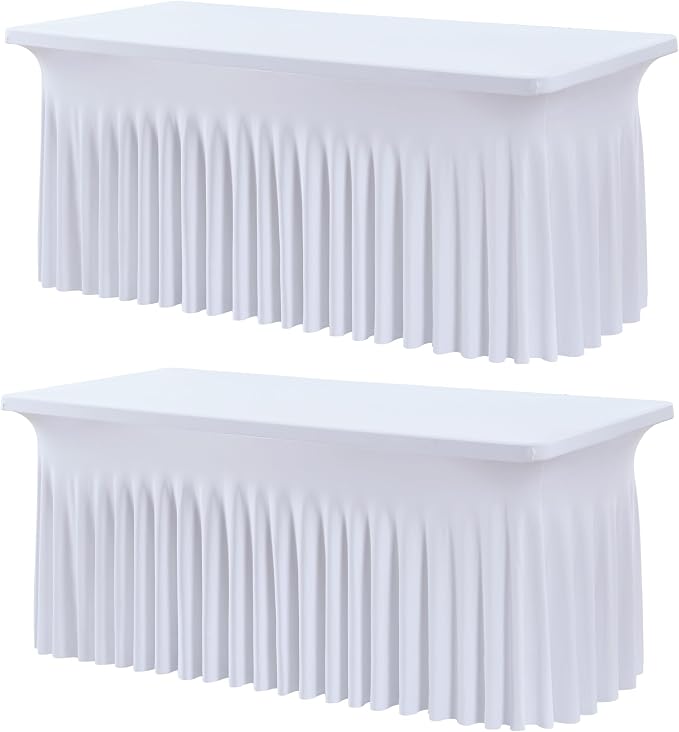 Outpain White Spandex Table Clothes for 6 Foot Rectangle Tables-2Pack 6FT Spandex Fitted Table Cover, Wrinkle Free Tablecloths with Skirt for Parties, Wedding, Birthday, Banquet, Festival
