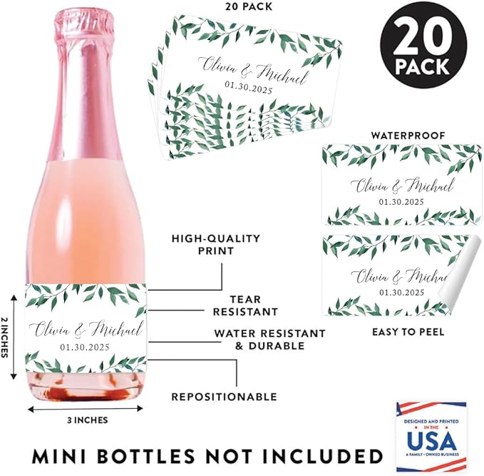 Andaz Press Personalized Wedding Mini Wine Labels - Greenery Green Leaves 20-Pack Bulk Waterproof Mini Wine Bottle Labels for Champagne Bottles