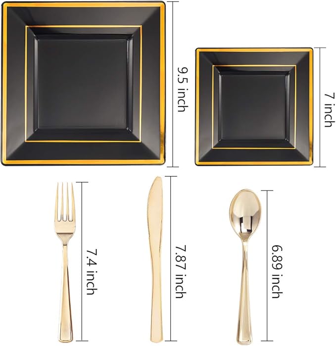 WDF 125Pieces Black Square Plastic Plates with Gold Rim Gold Disposable Silverware - include 25Pcs Dinner Plates,25Pcs Dessert Plates,25 Forks, 25 Knives, 25 Spoons for Graduation Wedding Party