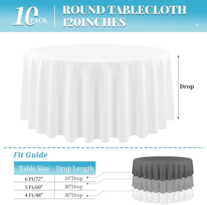 10 Pack Round Table Cloths White Round Tablecloth 120 Inch Washable Polyester Fabric Bulk Linen Tablecloths Table Cover for Parties Wedding Banquet Buffet Dinning