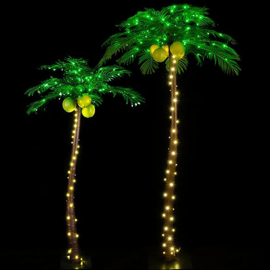 TYBEEU 5ft & 7ft Lighted Palm Tree Set with Glowing Coconuts, Dimmable, Decorative Artificial Trees for Indoor & Outdoor Use, Perfect for Home, Garden, Patio, Luau, Summer, Tropical Party & Holiday
