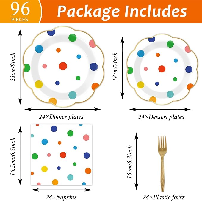 96 Pcs Colorful Birthday Plates and Napkins Colorful Polka Dots Party Supplies Rainbow Dots Tableware Table Decorations Confetti Plates Napkins Rainbow Party Favor for Baby Shower Wedding 24 Guests