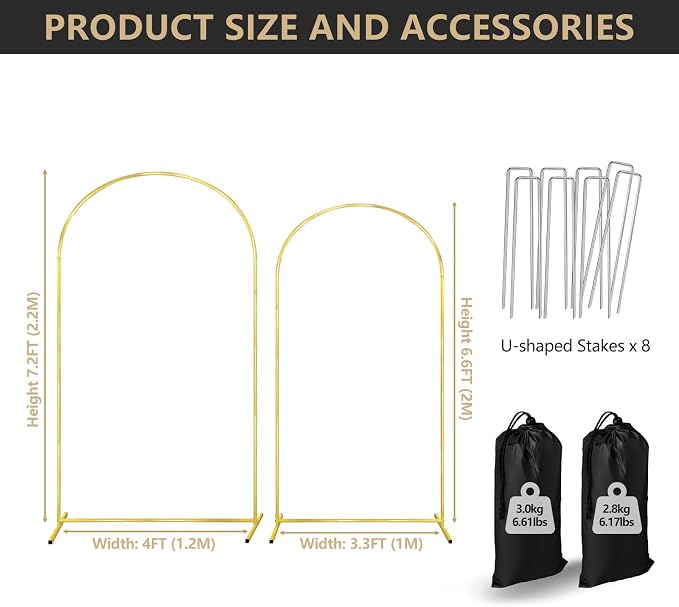 COLRASN Wedding Arch Backdrop Stand Set of 2 Gold Metal Balloon Arch Stand 7.2FT & 6.6FT Backdrop Frame for Birthday Party Wedding Ceremony Graduation Bridal Baby Shower Event Decor