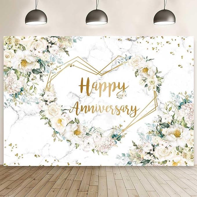 MEHOFOND 8x6ft Happy Anniversary Backdrop White Floral Wedding Anniversary Photography Background Hearts Geometric Couple Wedding Bridal Shower Women Birthday Party Cake Smash Decor Studio Photo Prop
