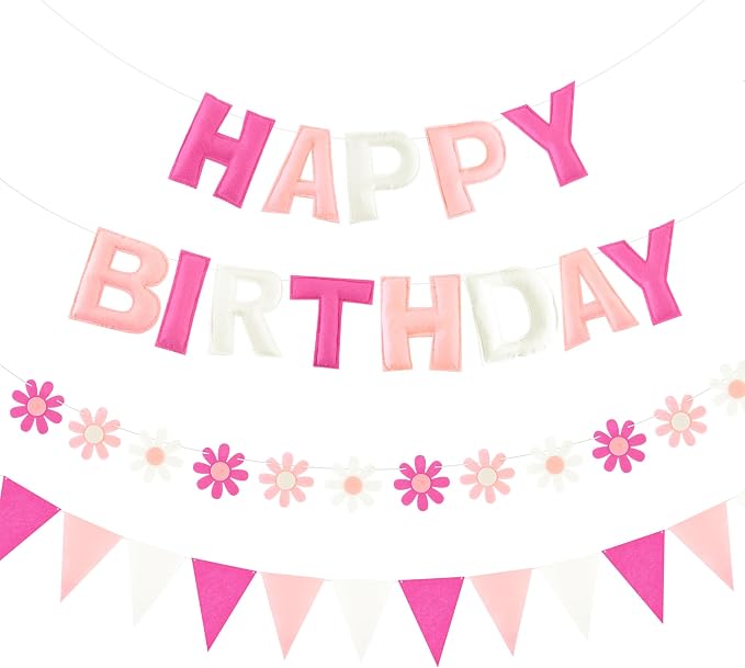 CANREVEL Pre-Strung 3D Happy Birthday Banner, 3 PCS Happy Birthday Felt Garland, Pom Pom Garland, Triangle Fabric Garland Bunting, Reusable Birthday Decorations for Women Men Girls Boys, Pink Flower