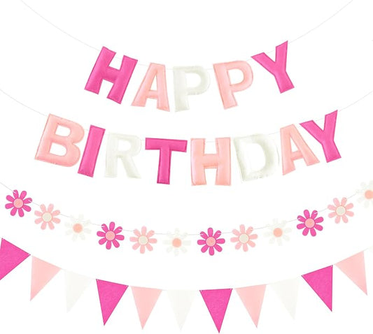 CANREVEL Pre-Strung 3D Happy Birthday Banner, 3 PCS Happy Birthday Felt Garland, Pom Pom Garland, Triangle Fabric Garland Bunting, Reusable Birthday Decorations for Women Men Girls Boys, Pink Flower