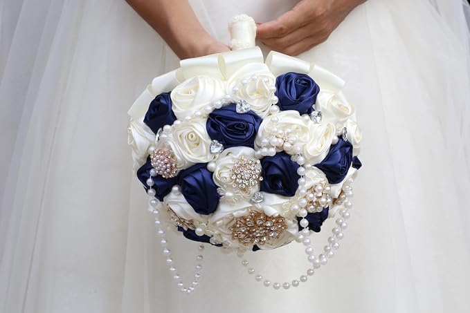 Bridal Wedding Bouquet with Rhinestone Brooch Pearl String Cascade Bouquet for Bride Bridesmaid Quinceanera Satin Rose Flower Bouquet Wedding Navy Blue and Ivory 6.3in