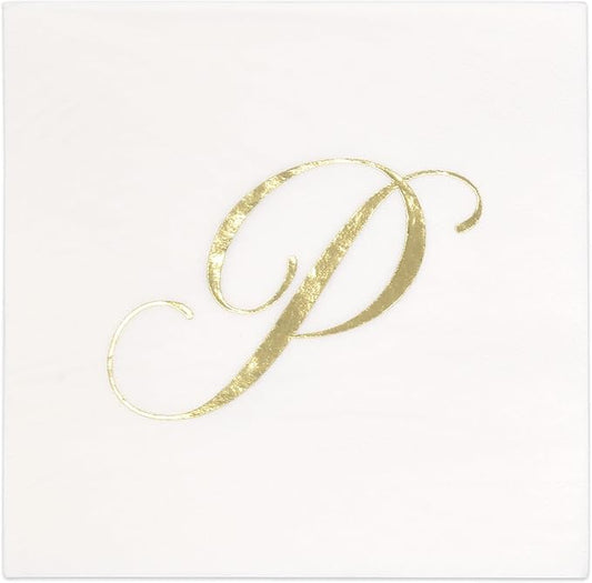 100 Monogram Letter P Cocktail Napkins Gold Foil Initial Disposable Paper Elegant Personalized Beverage Napkins Wedding Party Tableware