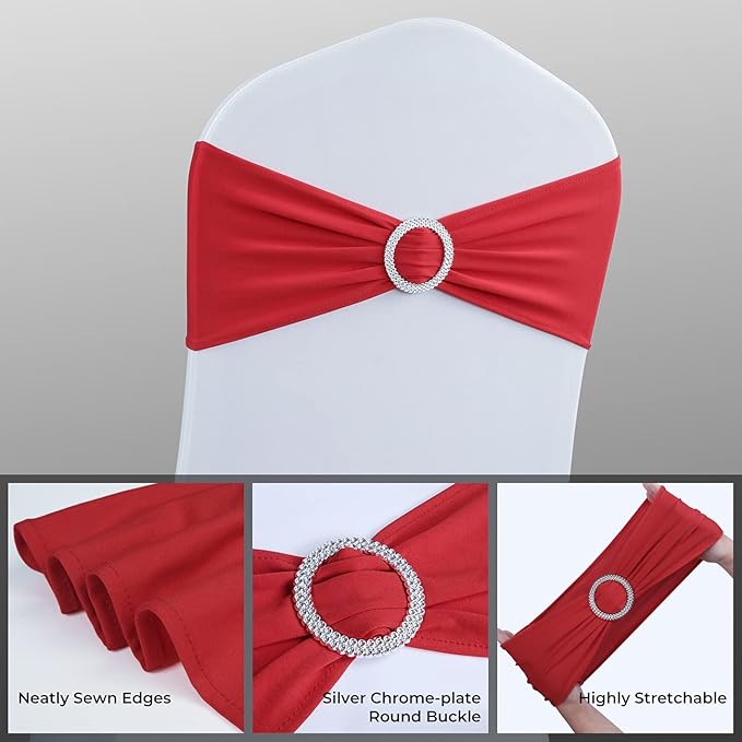 Babenest Spandex Chair Sashes 50PCS Premium Stretch Cover Band with Buckle Slider Universal Elastic Ties for Wedding Party Ceremony Reception Banquet Decoration (Red)